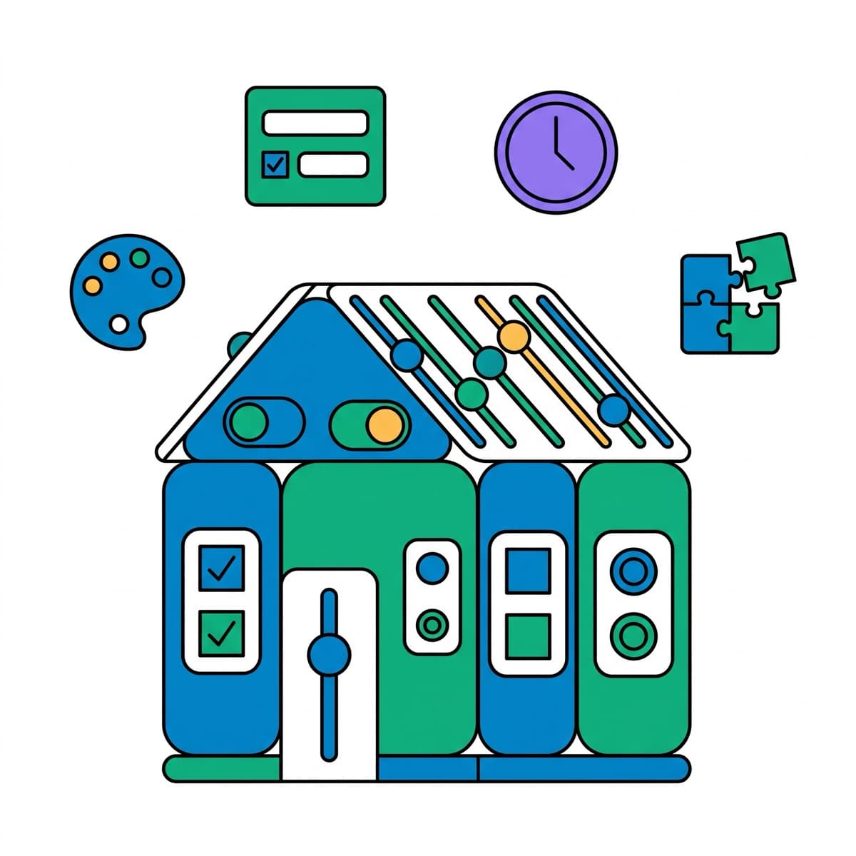 Illustration of a school assembled from switches, sliders and checkboxes — a school being configured