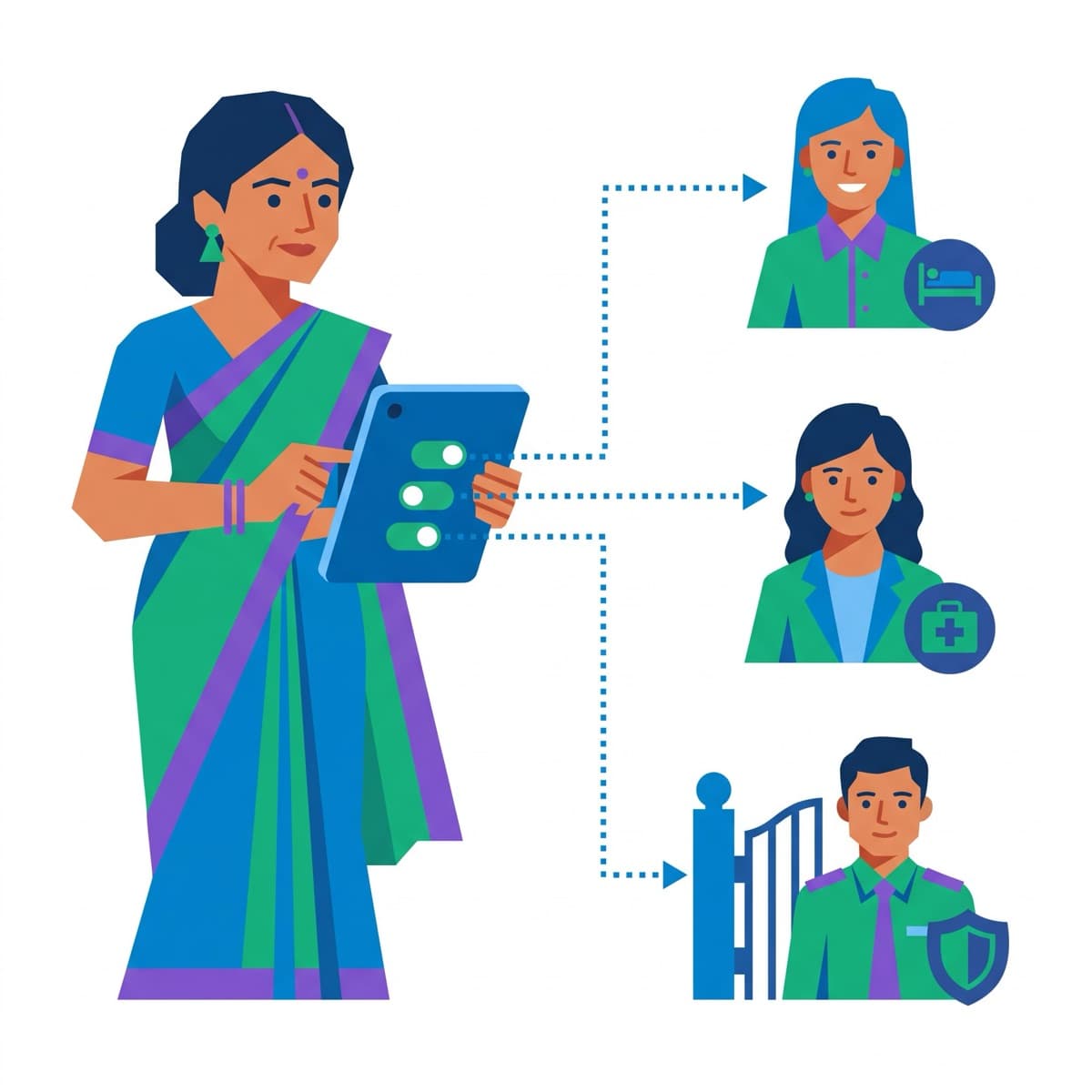 Illustration: a principal switching modules on from a tablet for a teacher who is also the warden, a librarian at the sick bay and a staff member at the gate